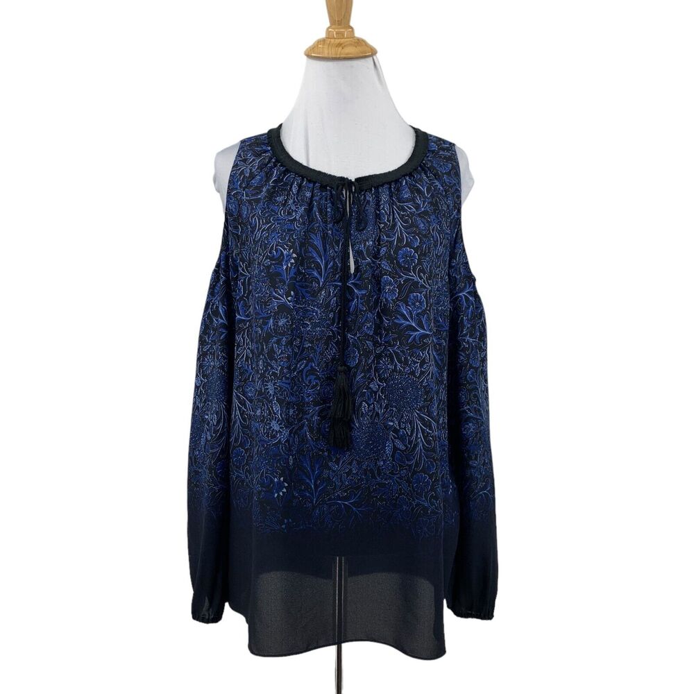 T Tahari Ombre Blouse Womens XL Extra Large Floral Keyhole Tassel Semi Sheer Top